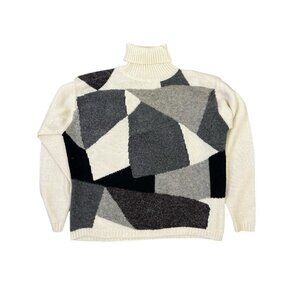 Vtg Sweater Turtleneck Colorblock Abstract Textured Wool Blend Sz S Boxy Preppy
